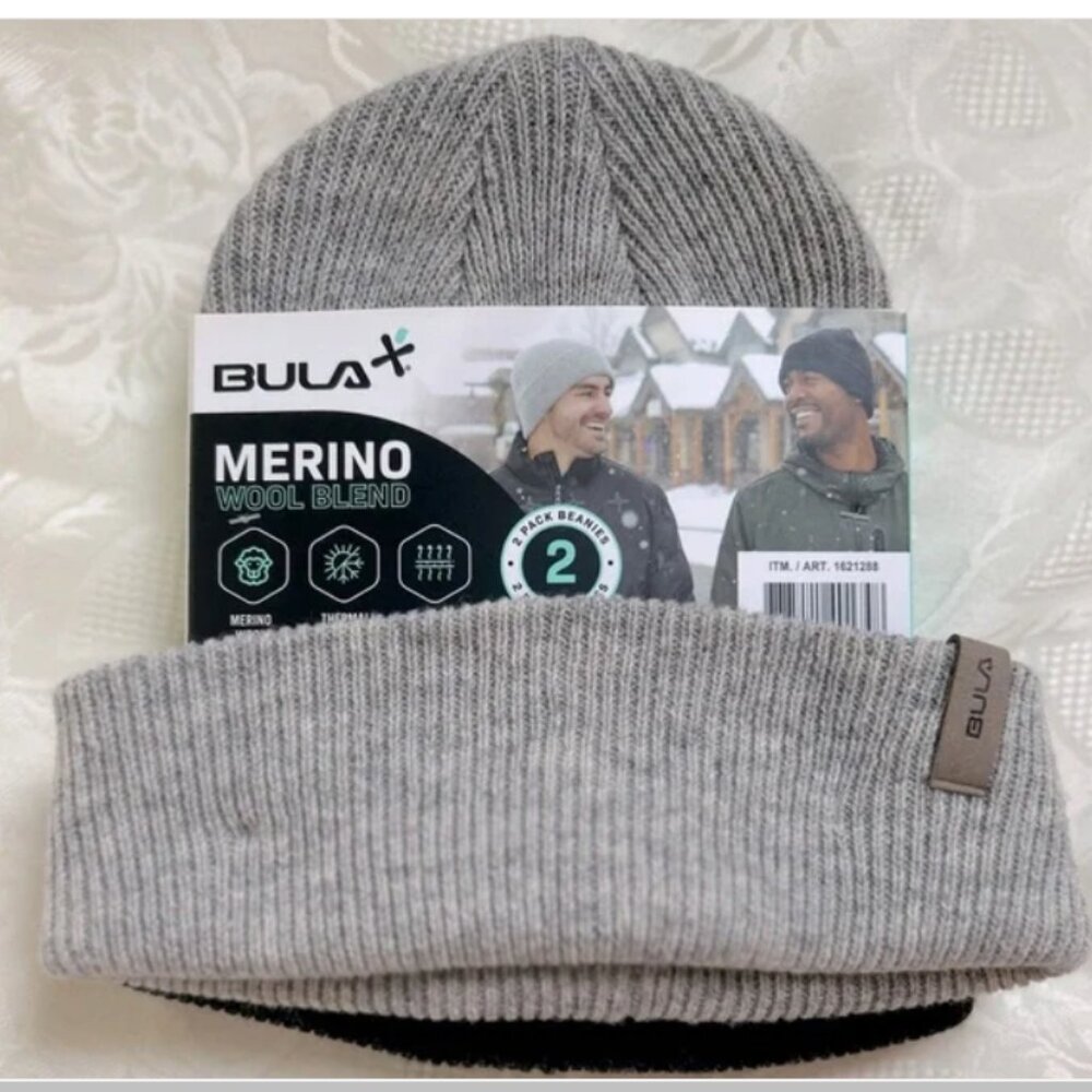 Bula Unisex Merino Wool Blend Beanies 2-Pack, Black/Gray, One Size